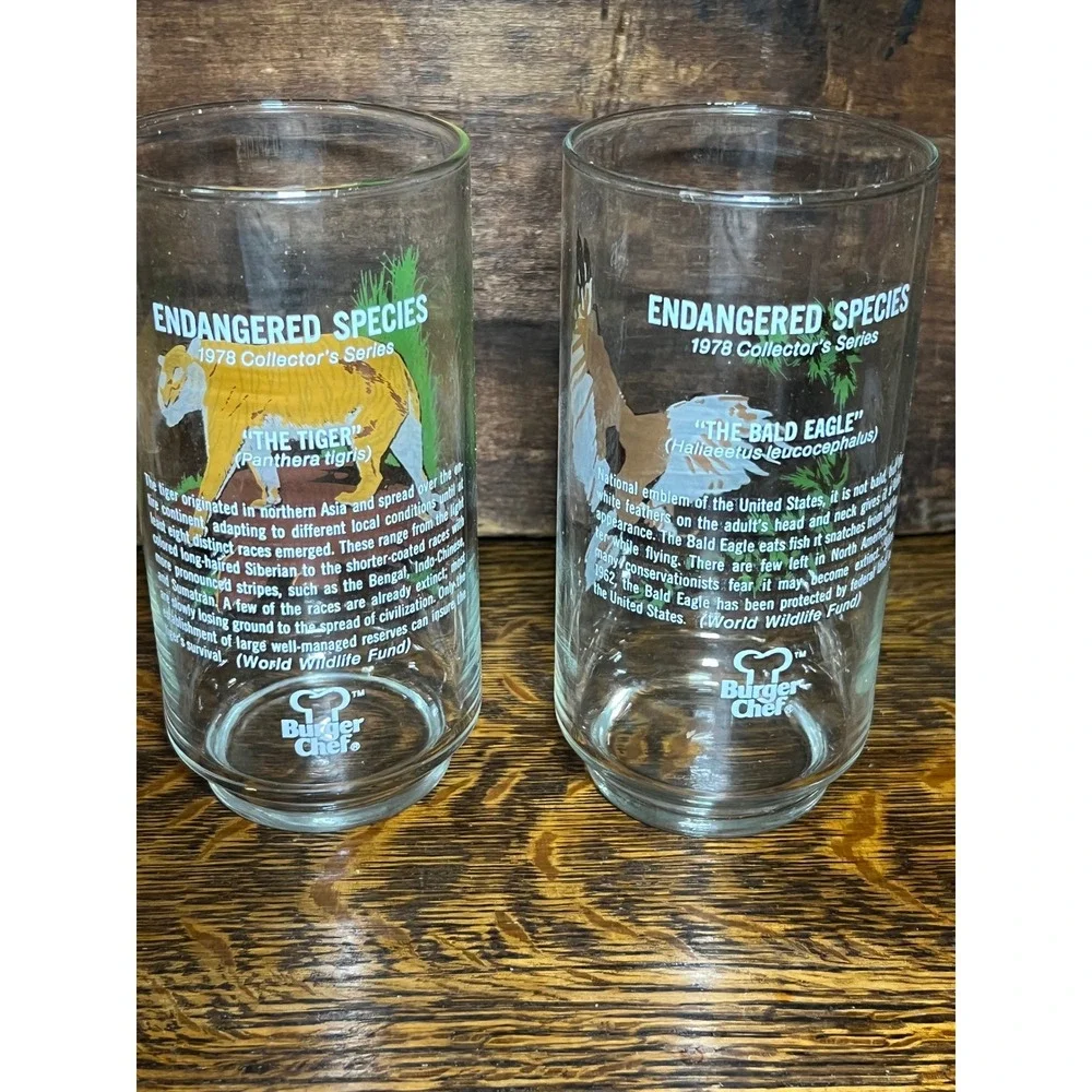 Vintage 1978 Burger Chef Glasses Endangered Species  Tiger Bald Eagle Set of 2